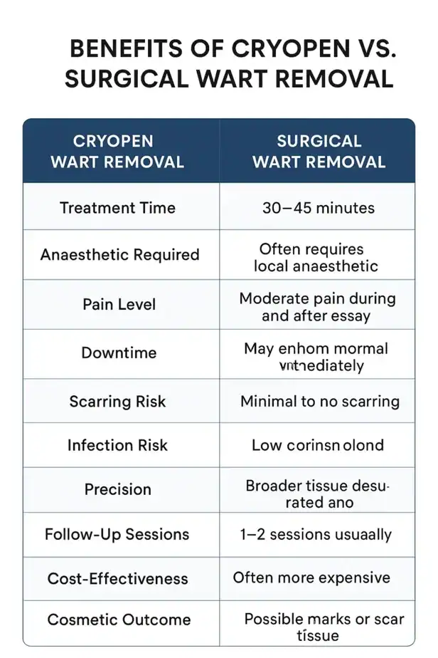 Table showing the benefits of cryopen to remove warts Edinburgh compared to surgical treatment